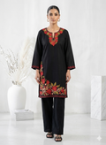 Kashmiri Red Ari embroidered Black long Cotton kurti