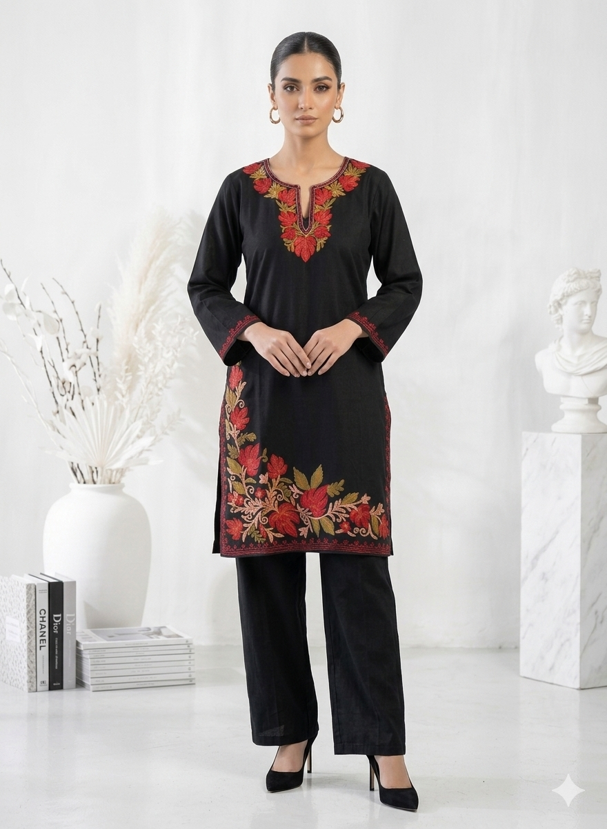 Kashmiri Red Ari embroidered Black long Cotton kurti