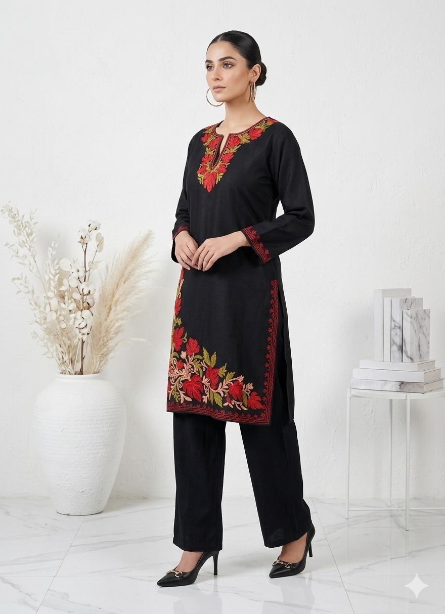 Kashmiri Red Ari embroidered Black long Cotton kurti