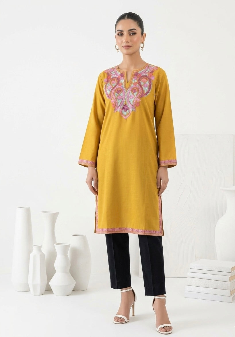 Kashmiri Pink Ari embroidered Brown long Cotton kurti