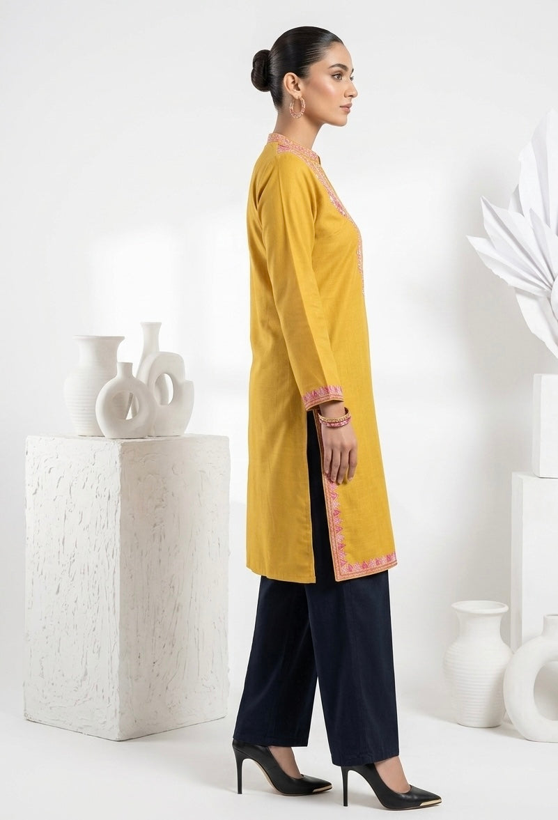 Kashmiri Pink Ari embroidered Brown long Cotton kurti