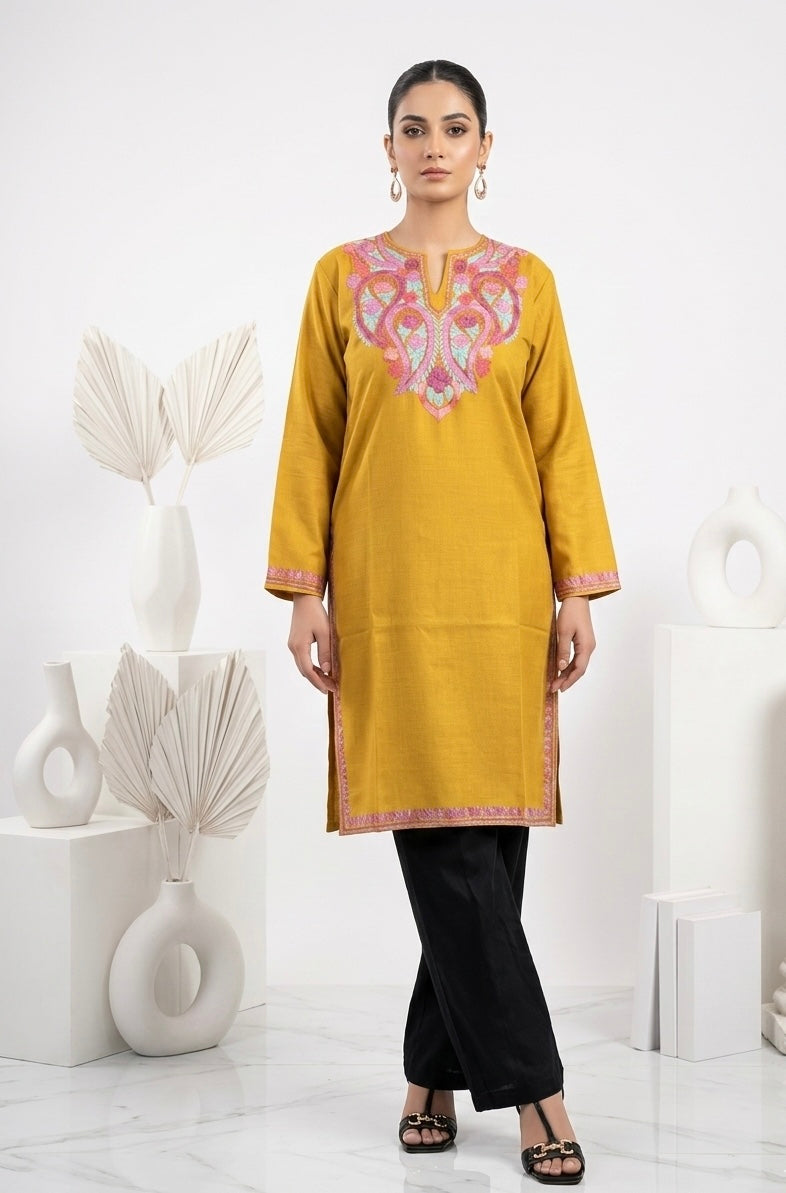 Kashmiri Pink Ari embroidered Brown long Cotton kurti