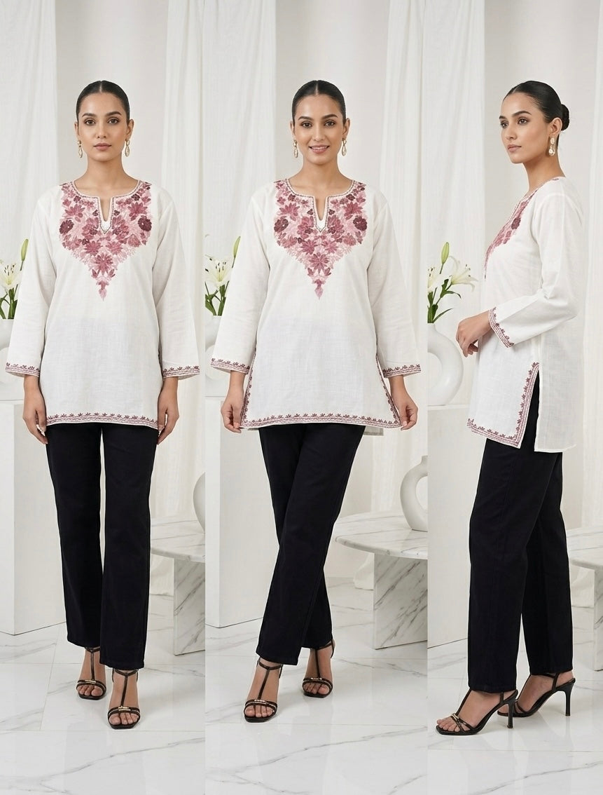 Kashmiri Ari embroidered white Short Cotton kurti
