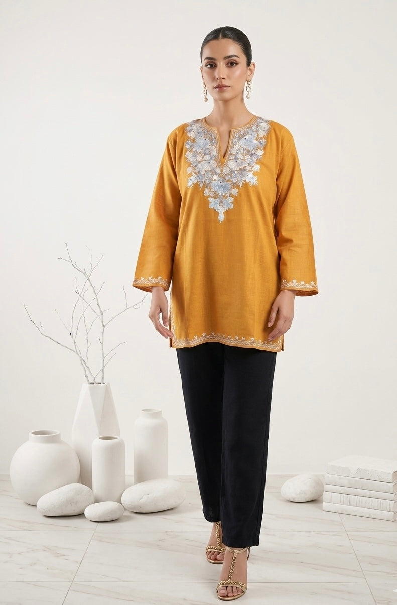 Kashmiri Ari embroidered Brown short Cotton kurti