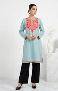 Kashmiri Pink Ari embroidered Sky Blue long Cotton kurti