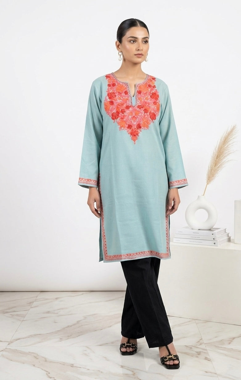 Kashmiri Pink Ari embroidered Sky Blue long Cotton kurti