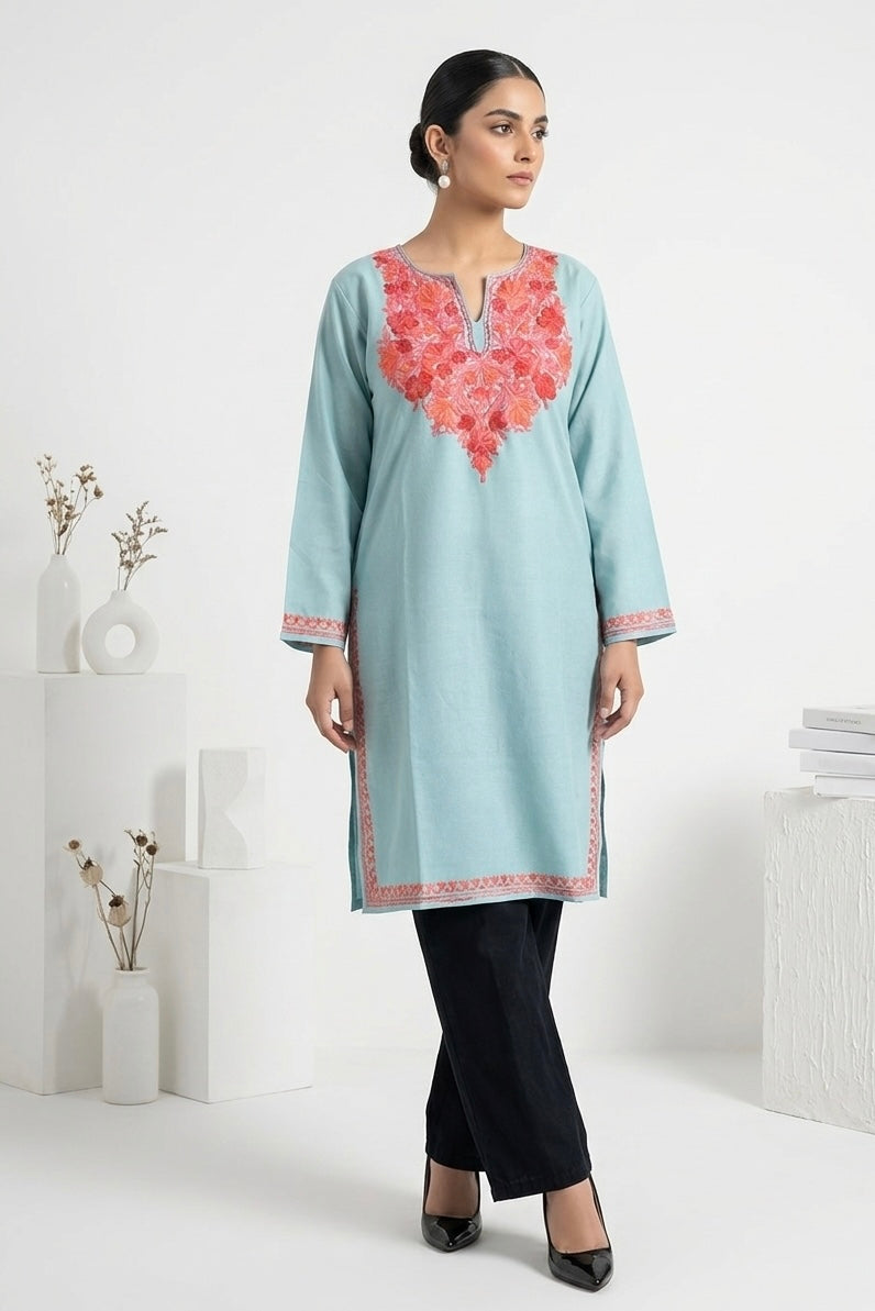 Kashmiri Pink Ari embroidered Sky Blue long Cotton kurti