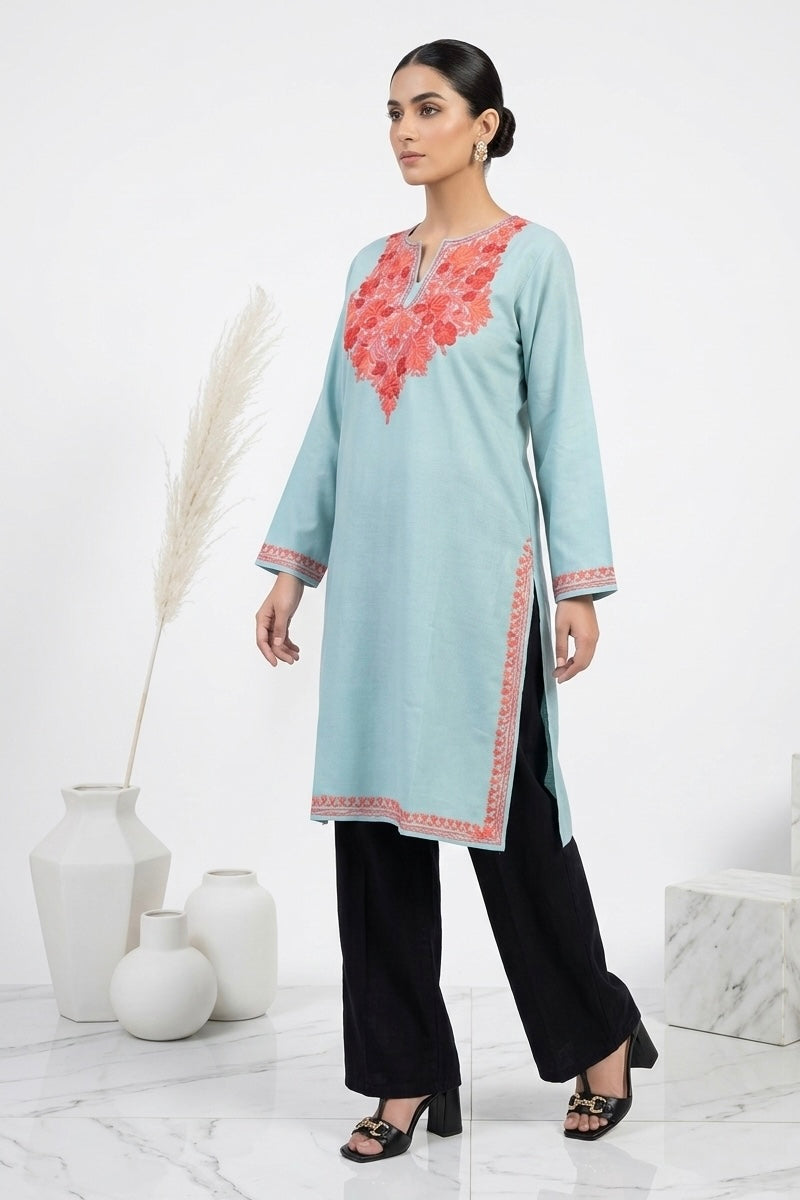 Kashmiri Pink Ari embroidered Sky Blue long Cotton kurti