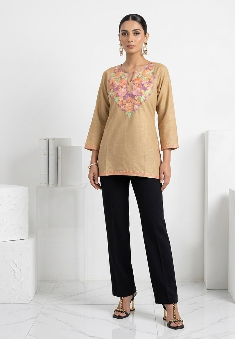 Kashmiri Ari embroidered Brown short Cotton kurti