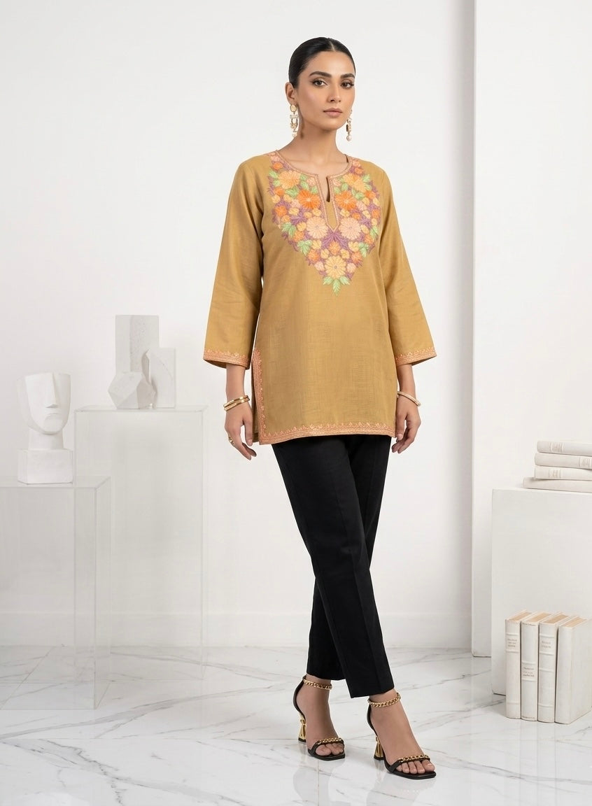 Kashmiri Ari embroidered Brown short Cotton kurti