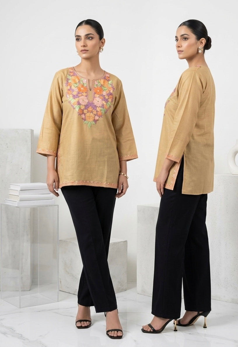 Kashmiri Ari embroidered Brown short Cotton kurti