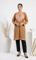 Kashmiri Pink Ari embroidered Brown long Cotton kurti