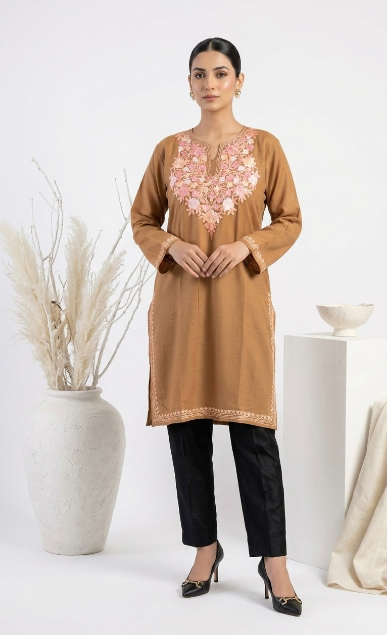 Kashmiri Pink Ari embroidered Brown long Cotton kurti