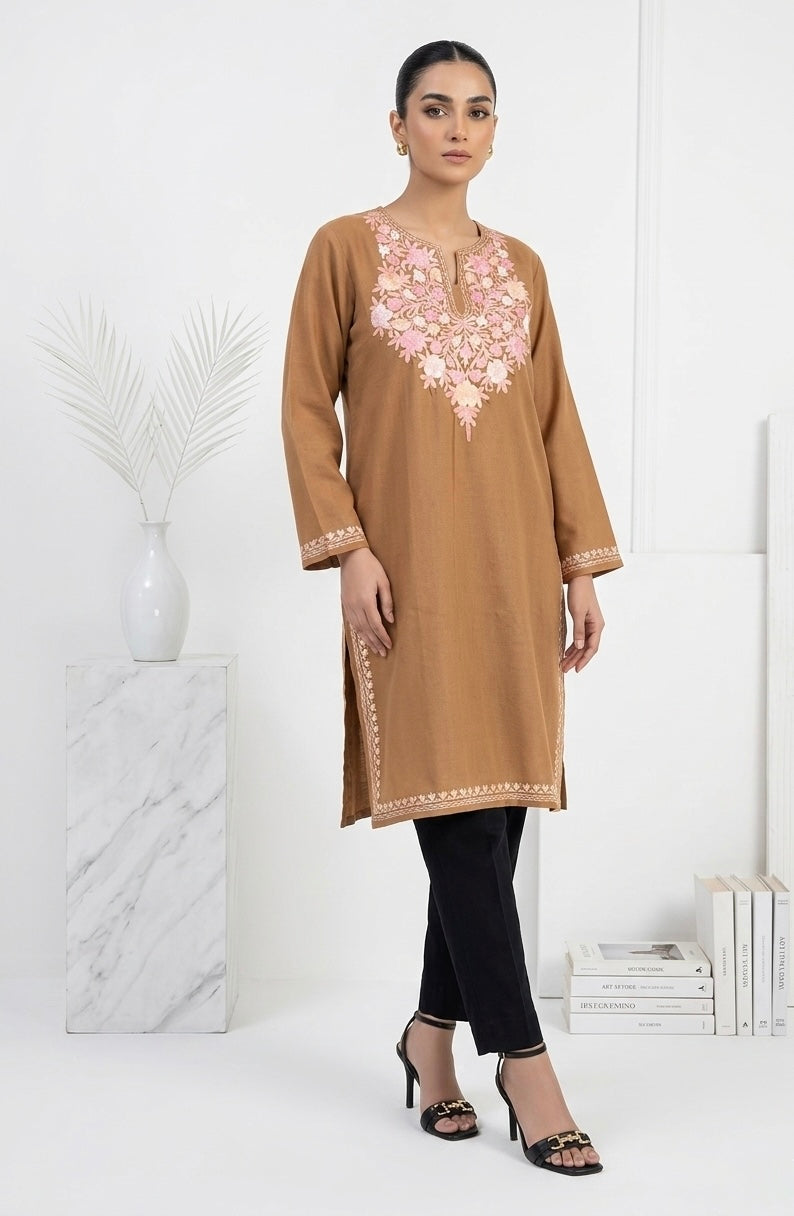 Kashmiri Pink Ari embroidered Brown long Cotton kurti