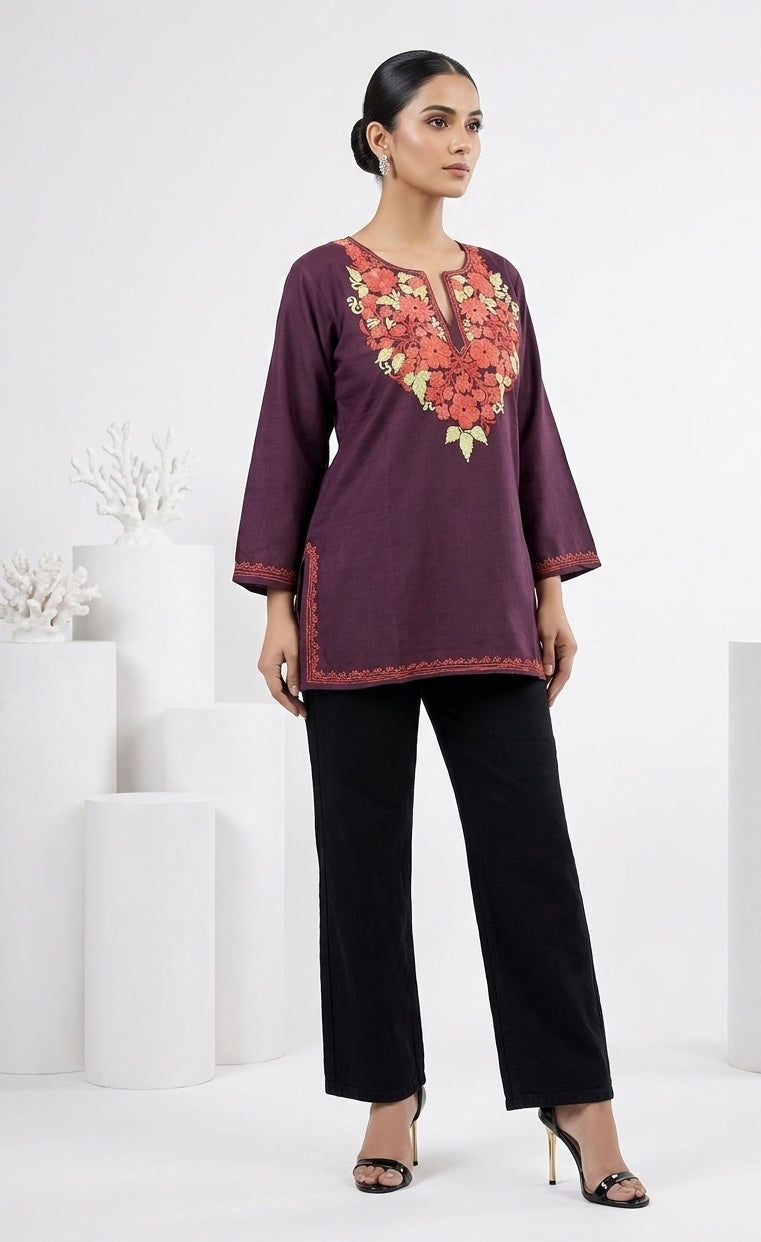 Kashmiri Ari embroidered wine short Cotton kurti
