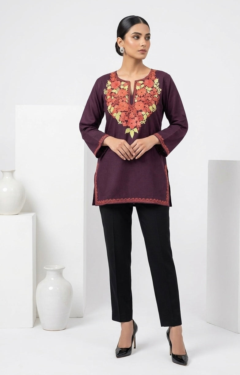 Kashmiri Ari embroidered wine short Cotton kurti