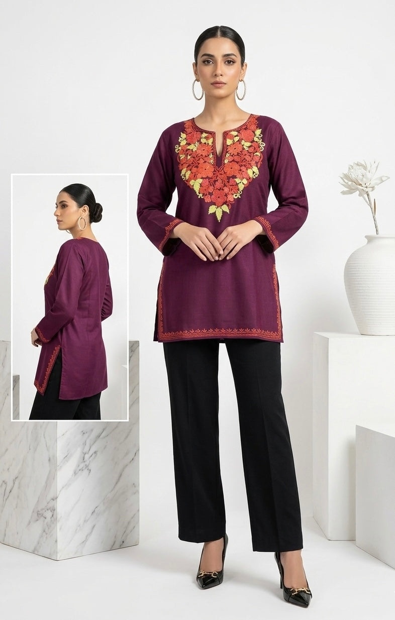 Kashmiri Ari embroidered wine short Cotton kurti