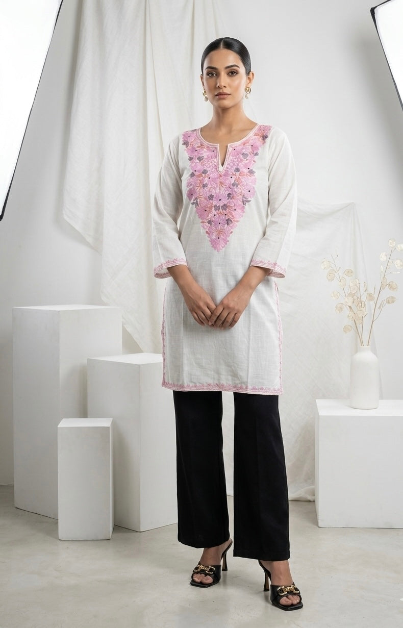 Kashmiri Pink Ari embroidered white long Cotton kurti