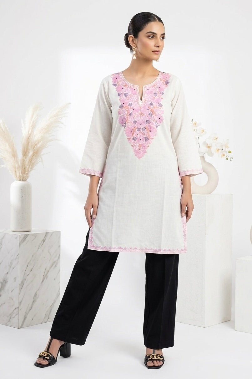 Kashmiri Pink Ari embroidered white long Cotton kurti