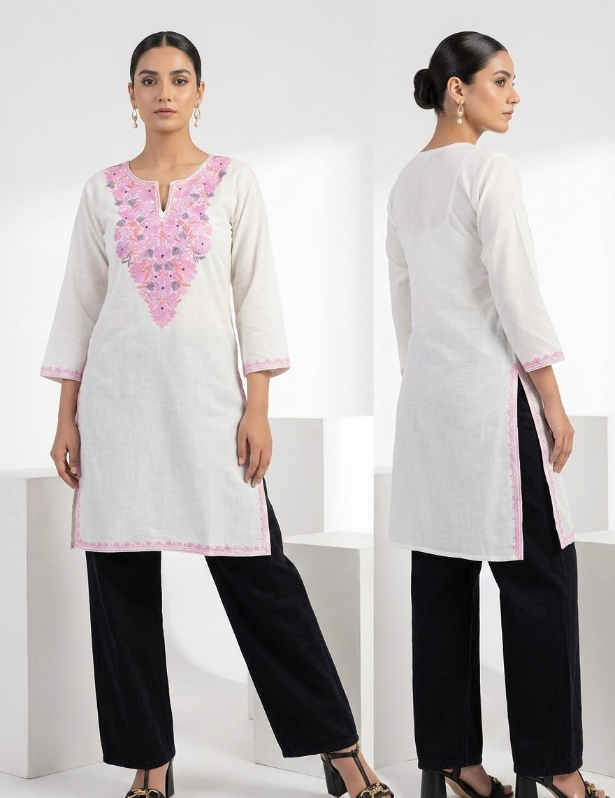 Kashmiri Pink Ari embroidered white long Cotton kurti
