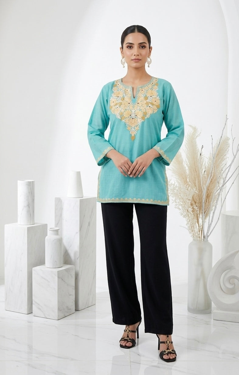 Kashmiri Ari embroidered sky blue short Cotton kurti