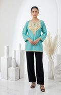 Kashmiri Ari embroidered sky blue short Cotton kurti
