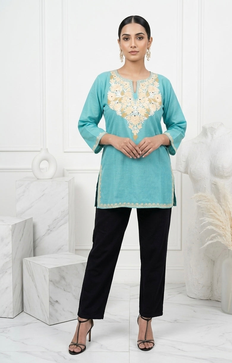Kashmiri Ari embroidered sky blue short Cotton kurti