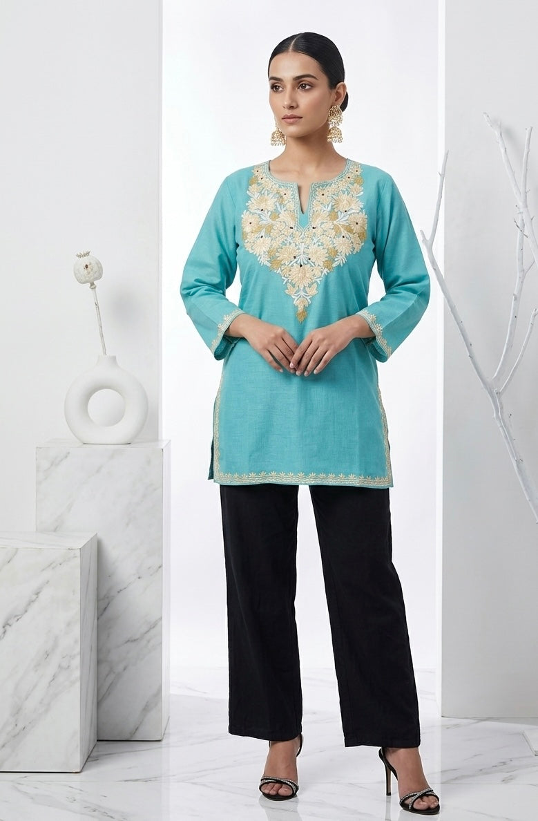 Kashmiri Ari embroidered sky blue short Cotton kurti