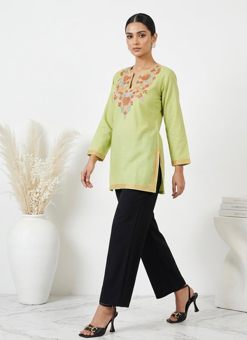 Kashmiri Ari embroidered Green short Cotton kurti