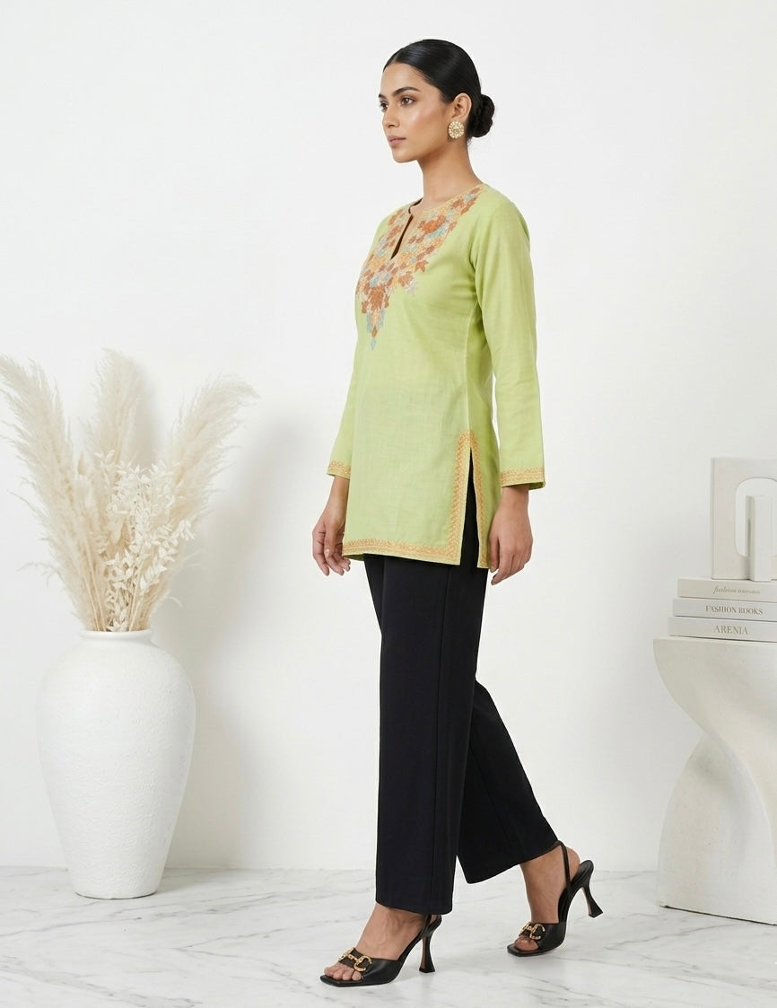 Kashmiri Ari embroidered Green short Cotton kurti
