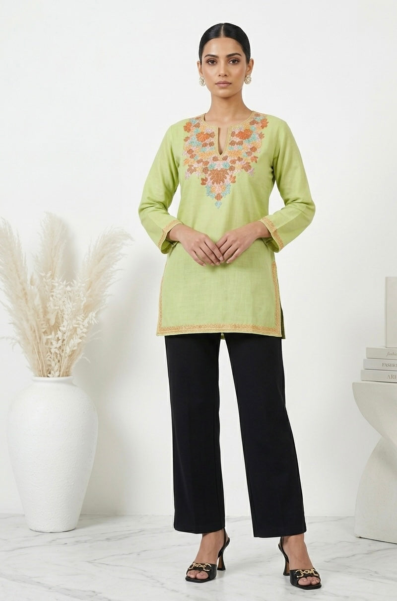 Kashmiri Ari embroidered Green short Cotton kurti