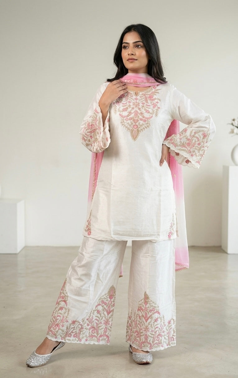 Ivory Pink Embroidered Festive Kurta Set with dupatta