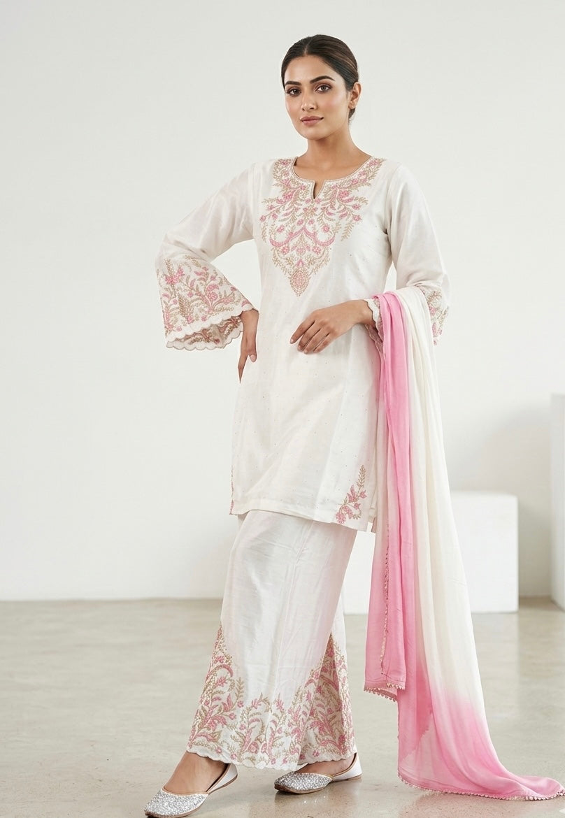 Ivory Pink Embroidered Festive Kurta Set with dupatta