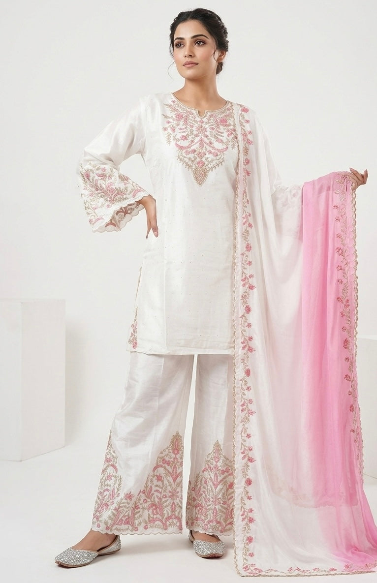 Ivory Pink Embroidered Festive Kurta Set with dupatta