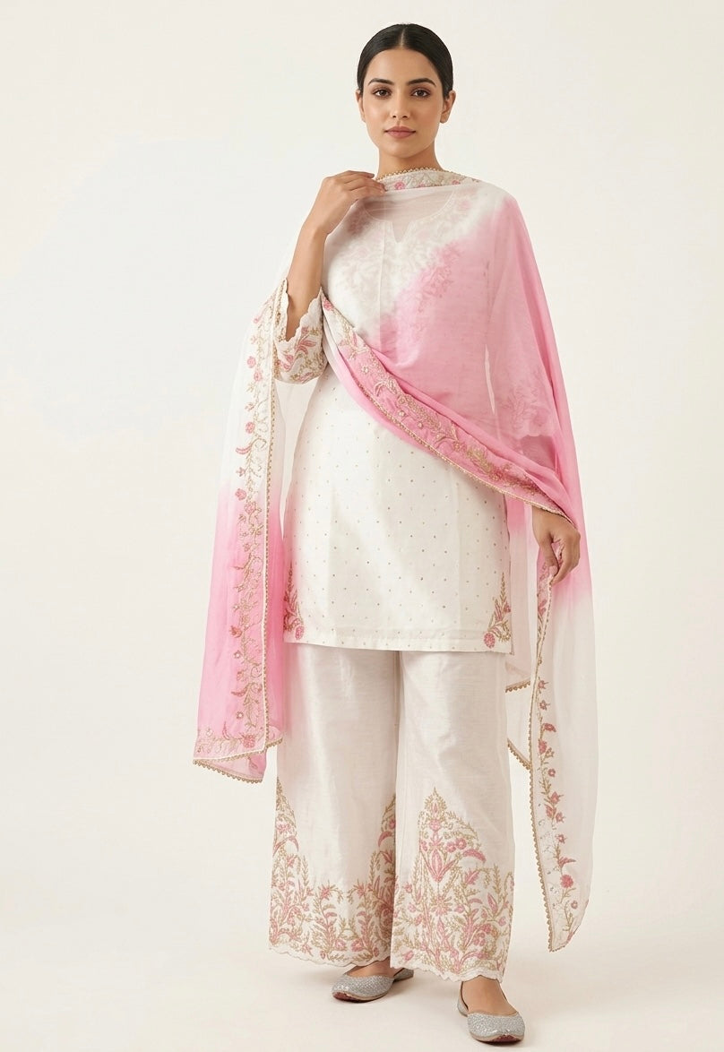 Ivory Pink Embroidered Festive Kurta Set with dupatta