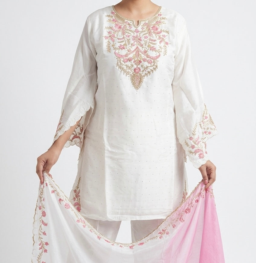 Ivory Pink Embroidered Festive Kurta Set with dupatta
