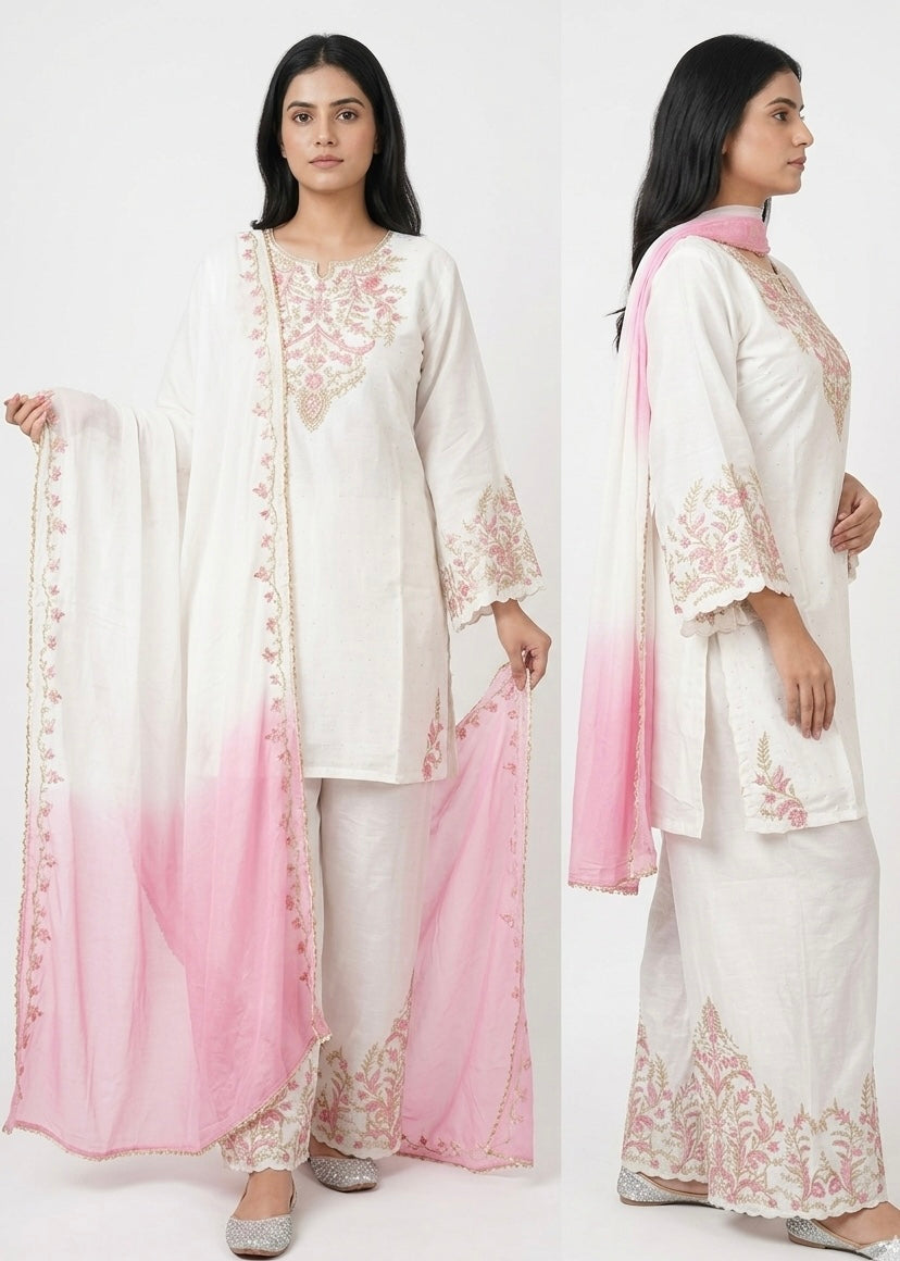 Ivory Pink Embroidered Festive Kurta Set with dupatta