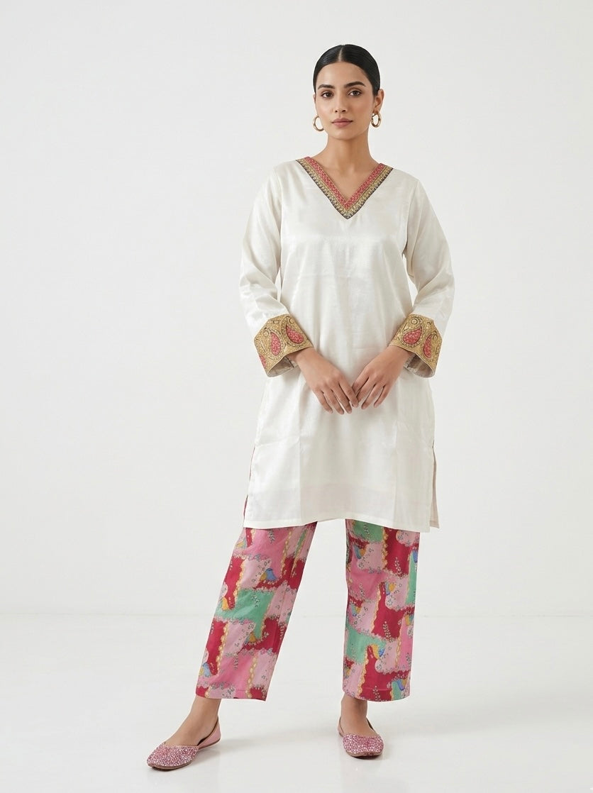 Ivory Silk Tunic with Vibrant Patchwork Trousers