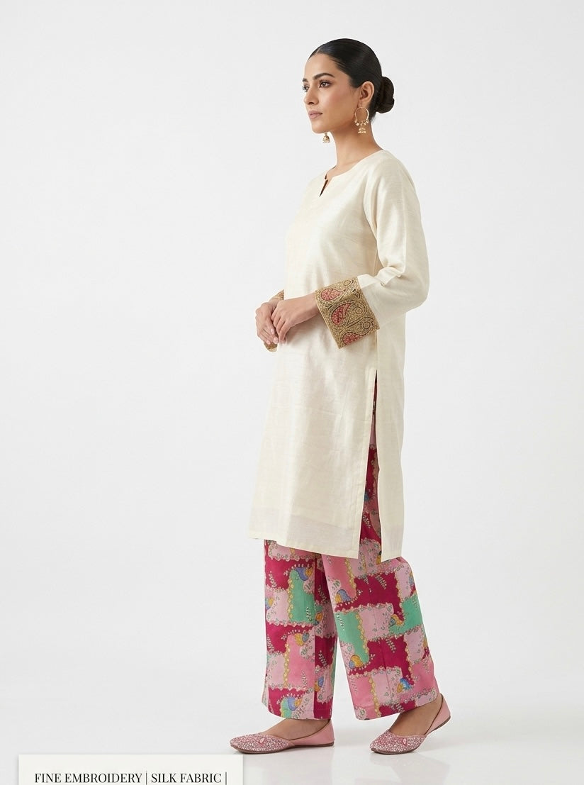 Ivory Silk Tunic with Vibrant Patchwork Trousers