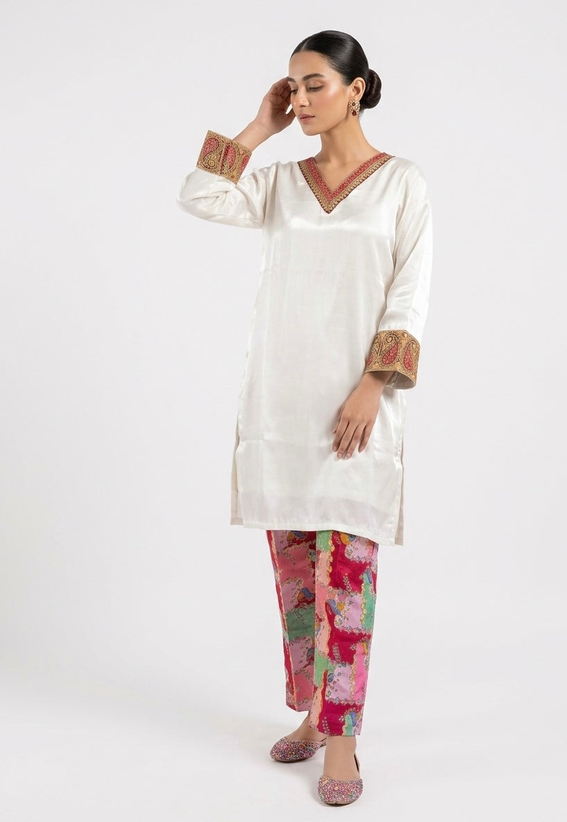 Ivory Silk Tunic with Vibrant Patchwork Trousers