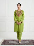 Kashmiri Aari Embroidered Lime Green Cotton Kurta/ Pheran Set