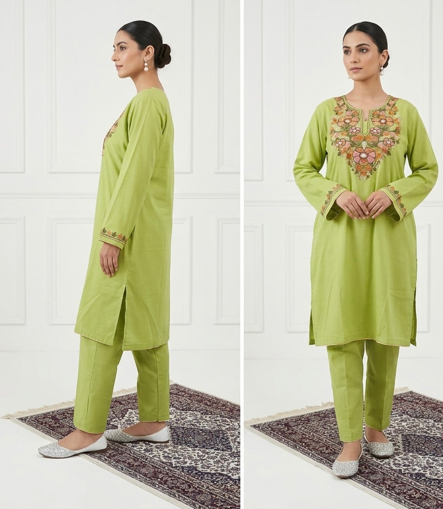 Kashmiri Aari Embroidered Lime Green Cotton Kurta/ Pheran Set