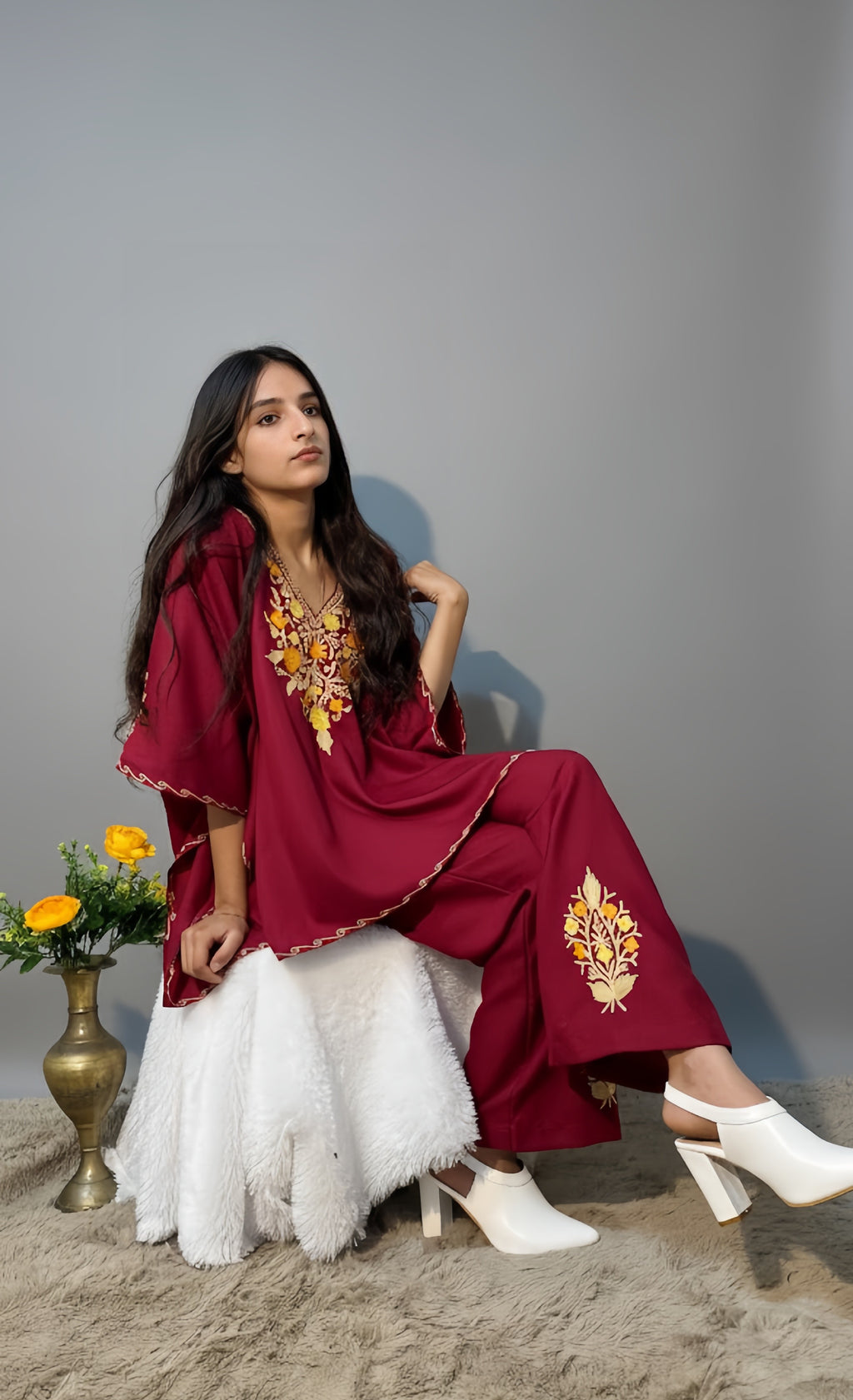 Kashmiri Aari Embroidered maroon cotton Kaftan set