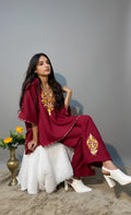 Kashmiri Aari Embroidered maroon cotton Kaftan set