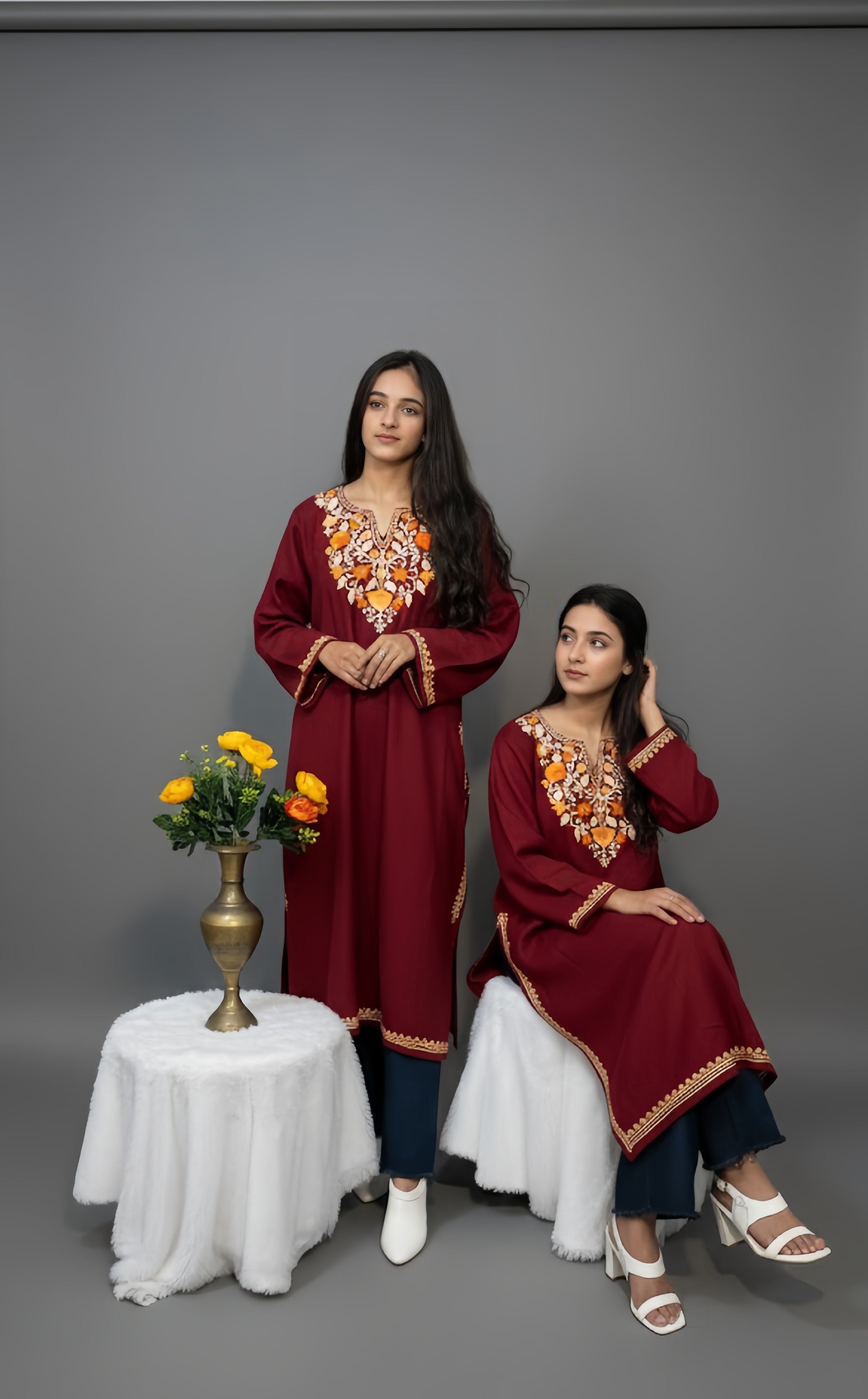 Kashmiri Aari Embroidered woolen maroon Phiran