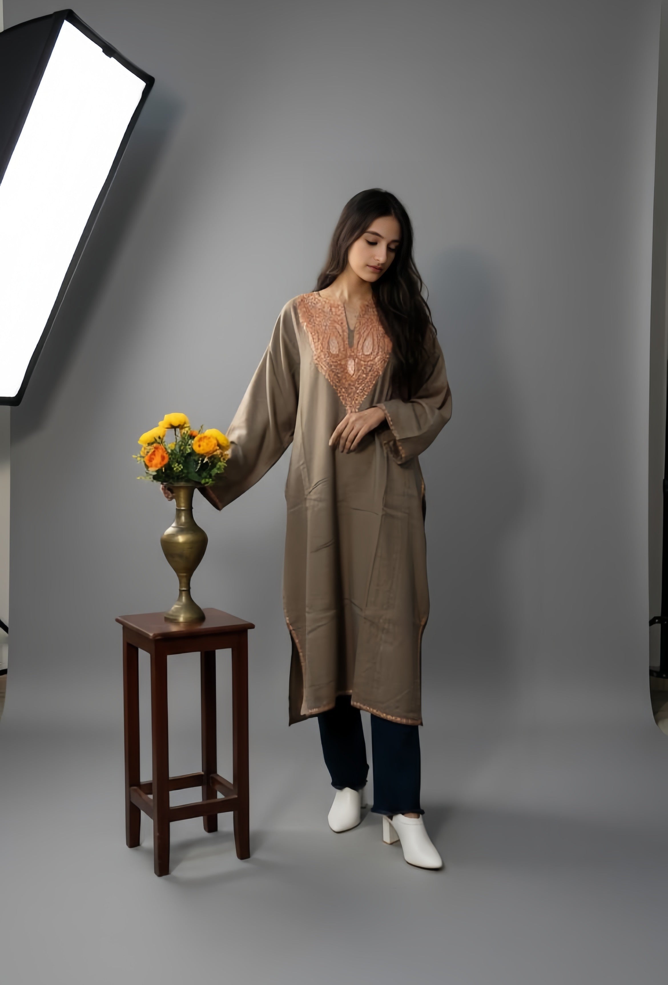 Kashmiri Rose Gold Tilla Embroidered Taupe Brown woollen Phiran