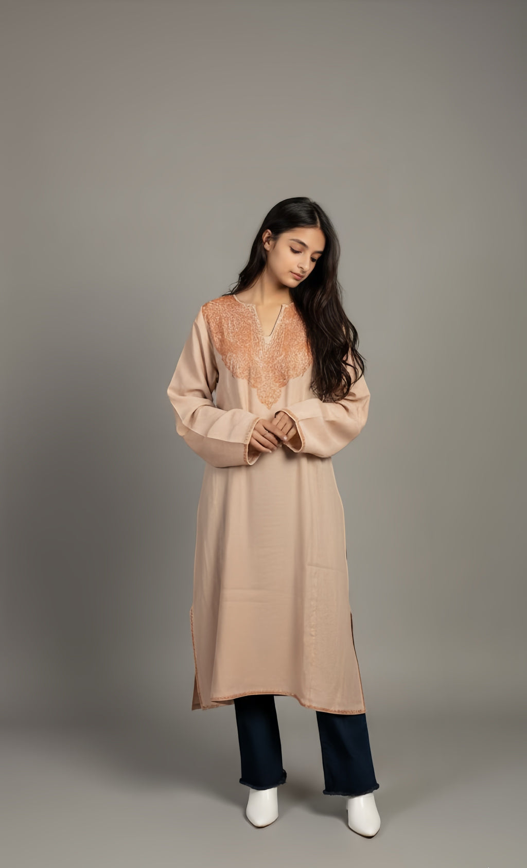 Kashmiri Rose Gold Tilla  Embroidered Beige woollen Phiran