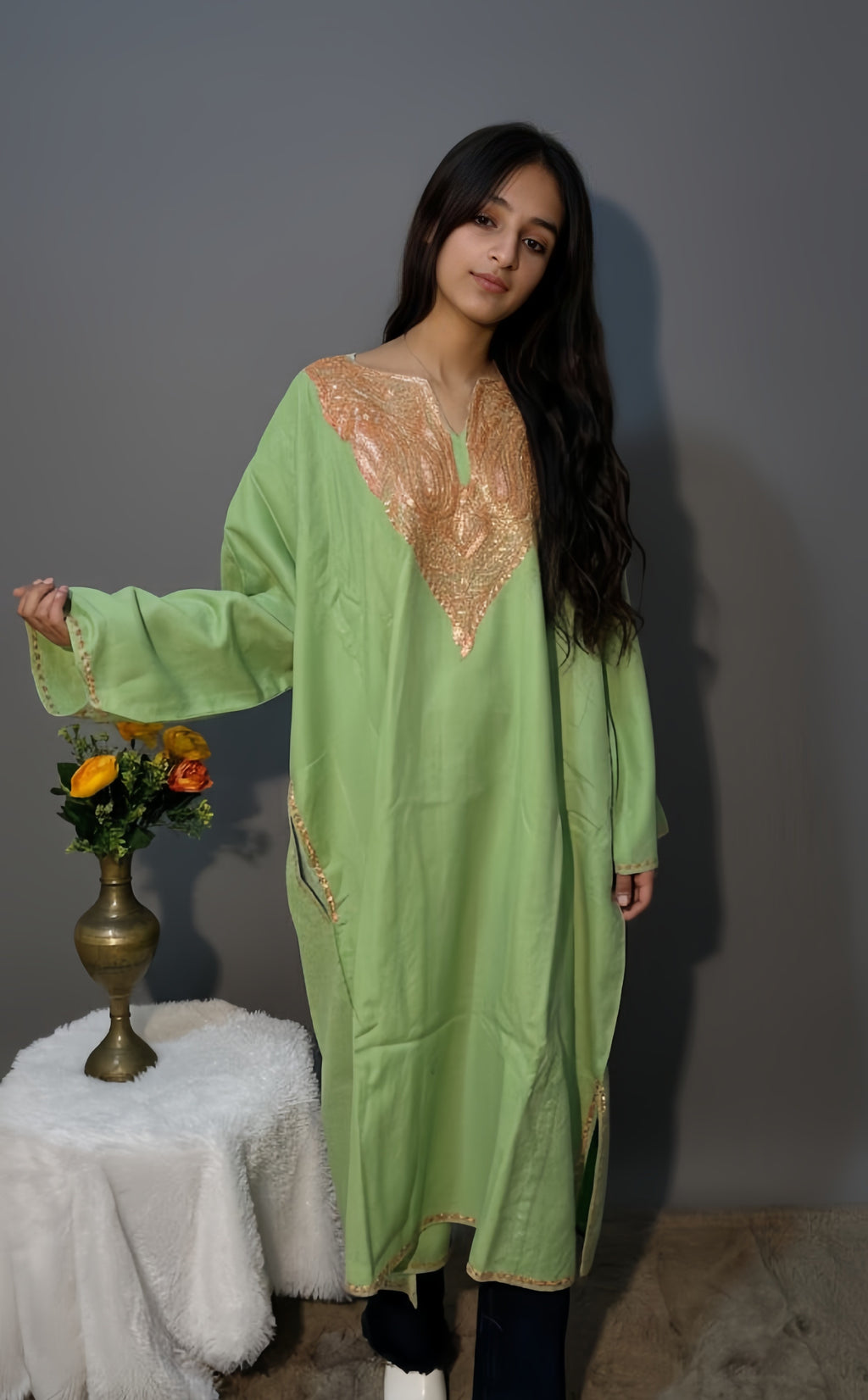 Kashmiri Rose Gold Tilla Embroidered pistachio green woollen Phiran