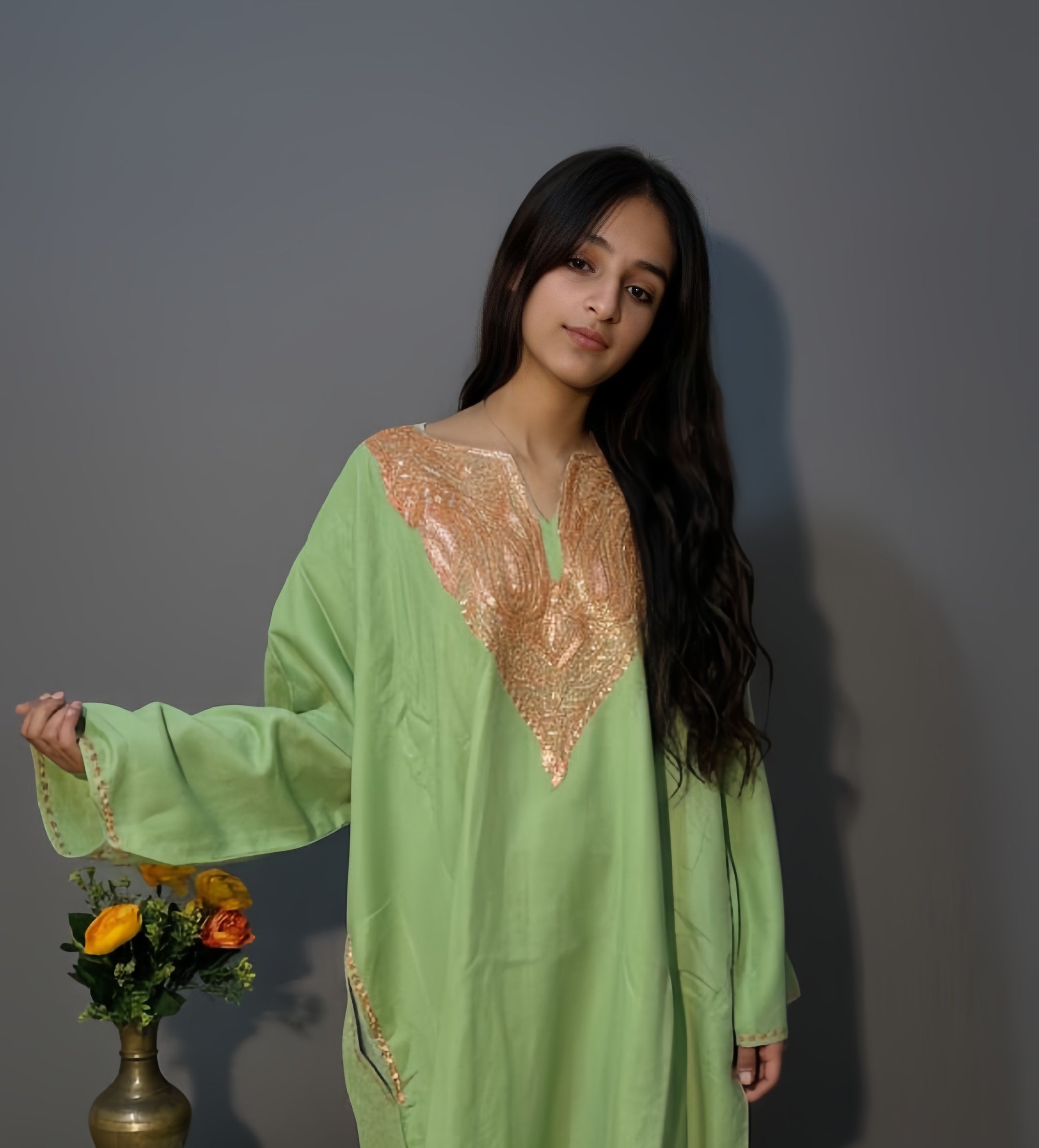 Kashmiri Rose Gold Tilla Embroidered pistachio green woollen Phiran