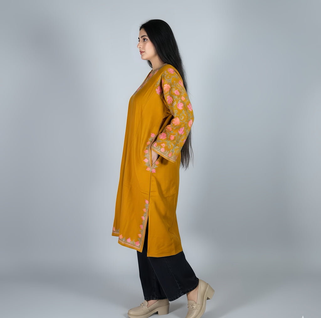 Kashmiri Aari Embroidered Woollen mustard Phiran